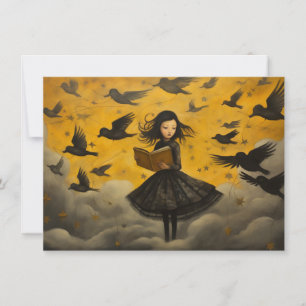 Fille de lecture avec carte postale d'oiseau volan