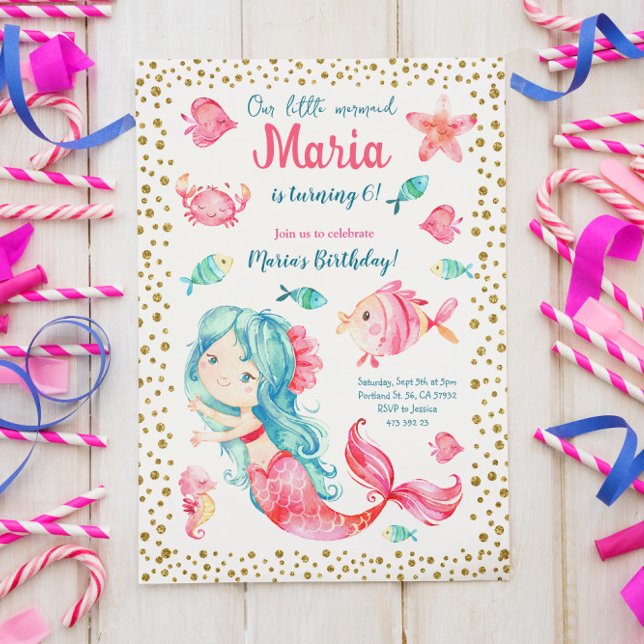 Fille de mer de sirène rose Invitation d'anniversa (Créateur téléchargé)