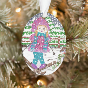 Fille de ski ornement de Noël acrylique ovale
