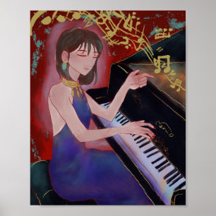 Fille de style Anime jouant du piano Poster