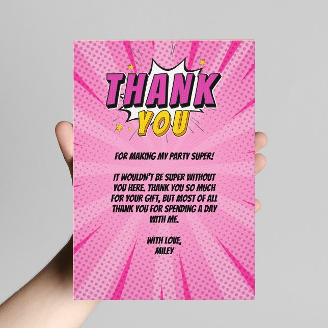 Fille de Super Héros de Bande Dessinée Rose Merci  (Superhero Comic Book Girl's Birthday Thank you Card)