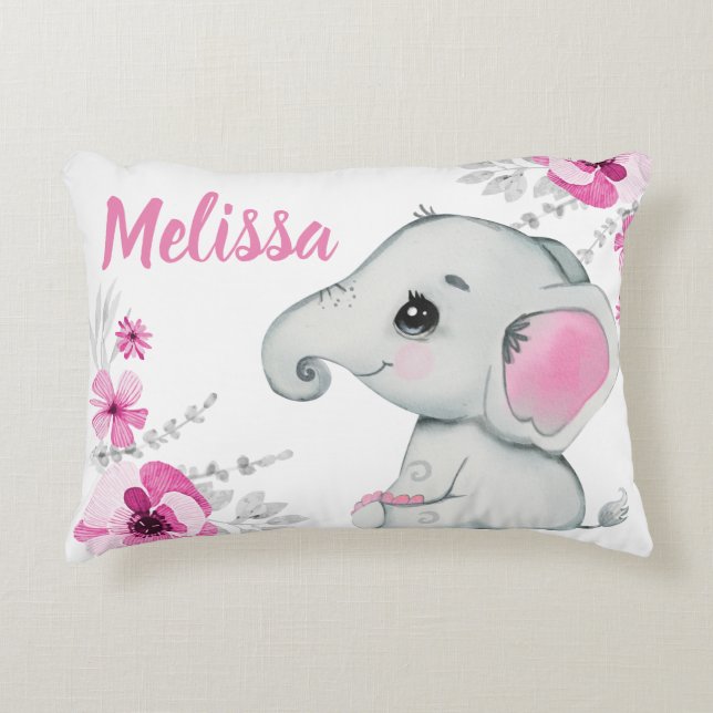 Fille d'éléphant rose Nom personnalisé Coussin (Devant)