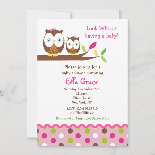 Fille des invitations à la douche pour bébés Hibou (Devant)