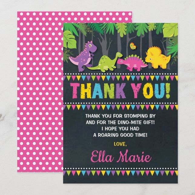 Fille Dinosaur fête d'anniversaire Carte de remerc (Devant / Derrière)
