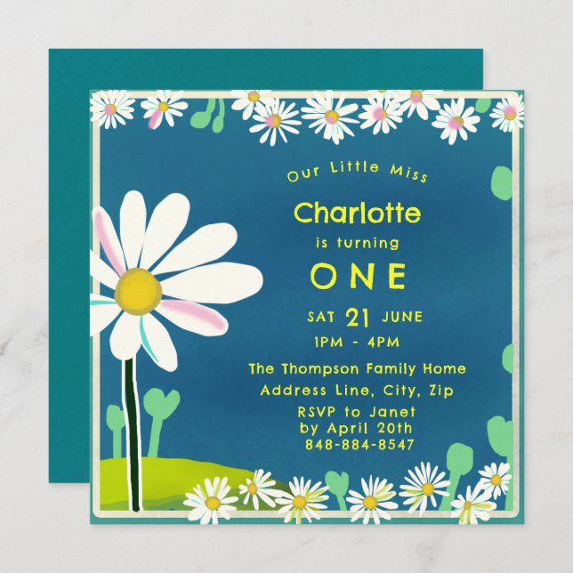 Fille Doux Marguerite Bleu Jaune Invitation Annive (Devant / Derrière)