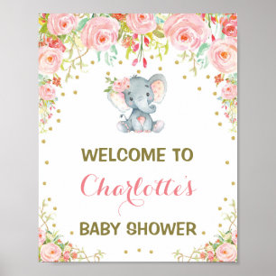 Fille Eléphant Baby shower rose Floral Affiche de 
