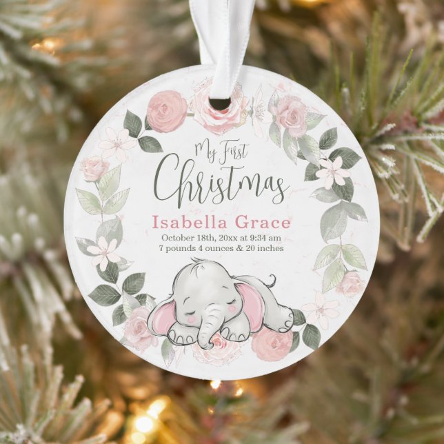 Fille Eléphant Rose Floral Baby 1er Noël Photo (Arbre)