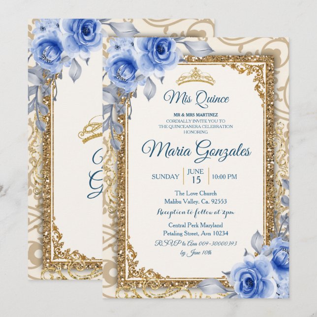 Fille et garçon Marine Blue Mis Quince Invitation (Devant / Derrière)