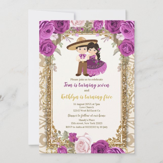 Fille et garçon Purple & Gold Invitation d'anniver (Devant)