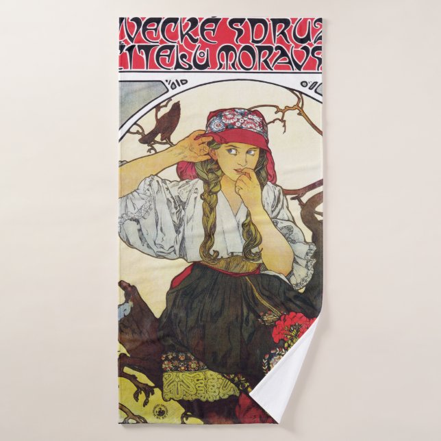 Fille et géranium, Mucha (Serviette de bain)