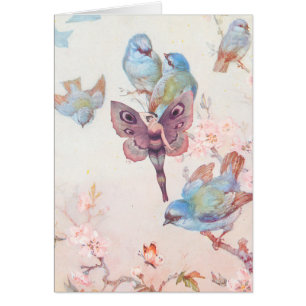 Fille et oiseaux bleus féeriques violets