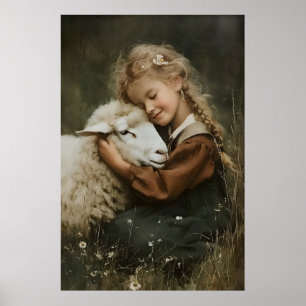 Fille étreint une impression de mouton, nurserie d