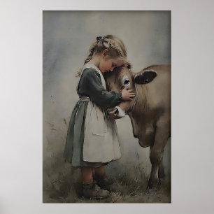 Fille étreint une vache Impression antique, Ferme 