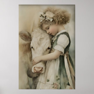Fille étreint une vache, impression antique, vert