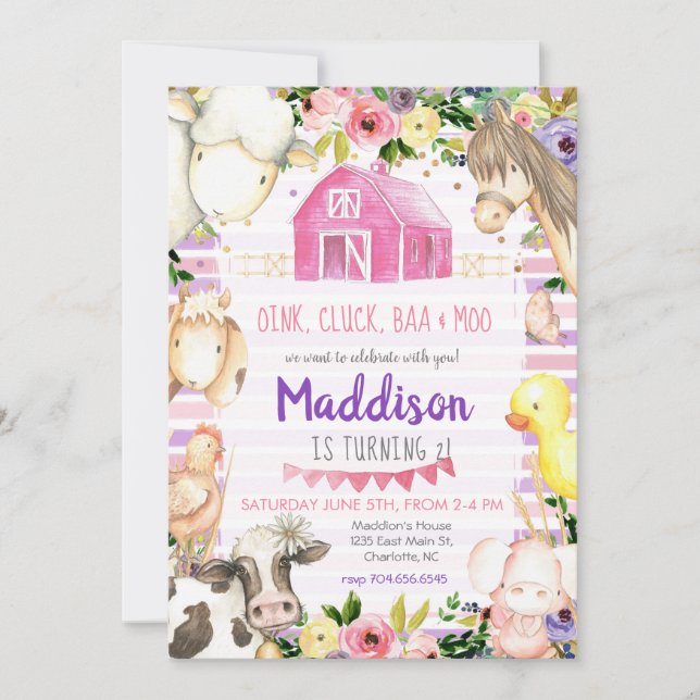 Fille ferme Anniversaire Invitation rose et violet (Devant)