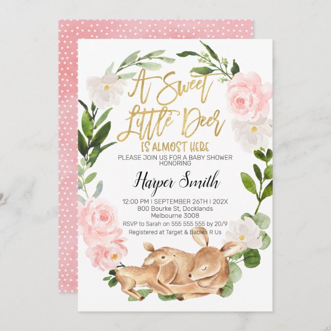 Fille Floral Wreath Deer Baby shower Invitation (Devant / Derrière)