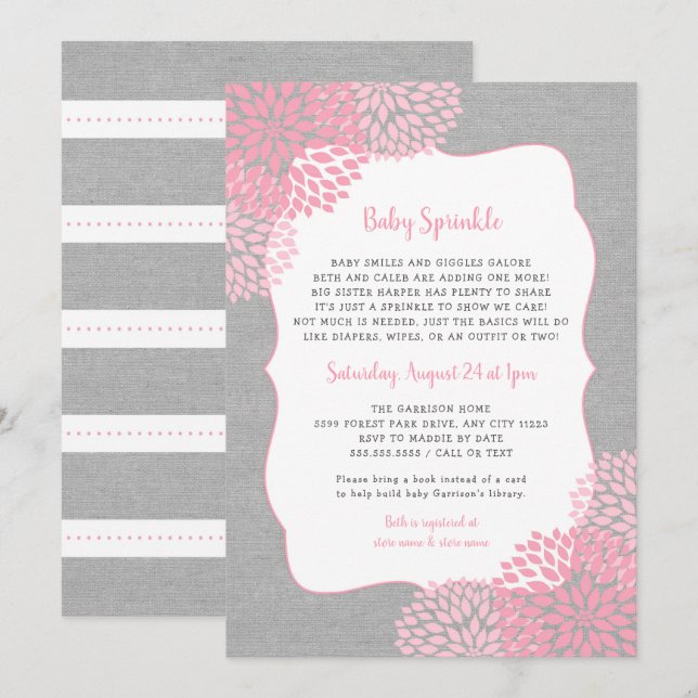 Fille Florale rose Gris Bébé Invitation à saupoudr (Devant / Derrière)