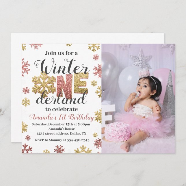 Fille Hiver Onederland Anniversaire Invitation Pho (Devant / Derrière)
