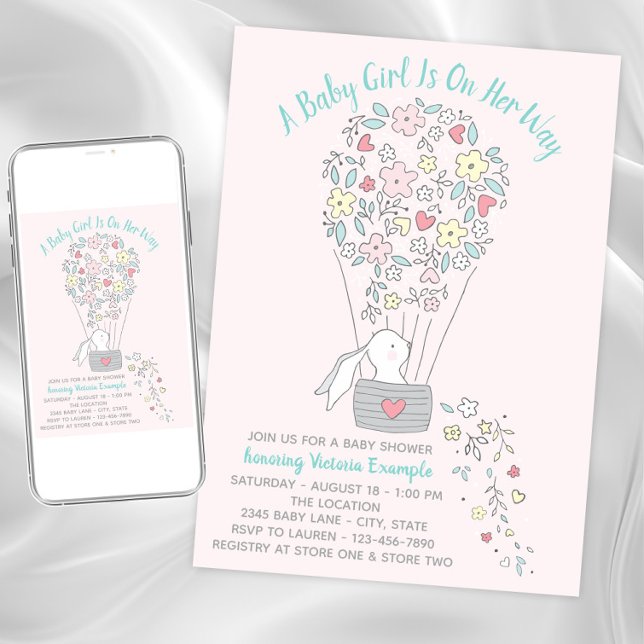 Fille Hot Air Balloon Bunny Baby Shower Invitation (Cute bunny baby shower invitation. Instant download and printed invitations available.)