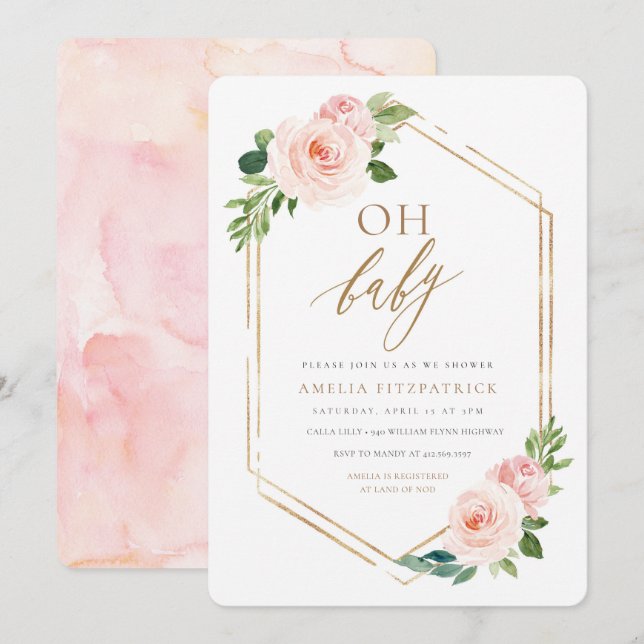 Fille Invitation Baby shower Floral (Devant / Derrière)