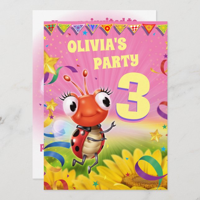 Fille invitation de fête d'anniversaire 3 ans (Devant / Derrière)