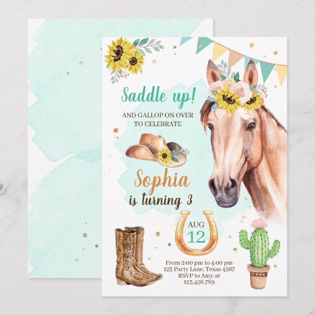 Fille Invitation Fille Cheval Fleurs de soleil Ble (Devant / Derrière)