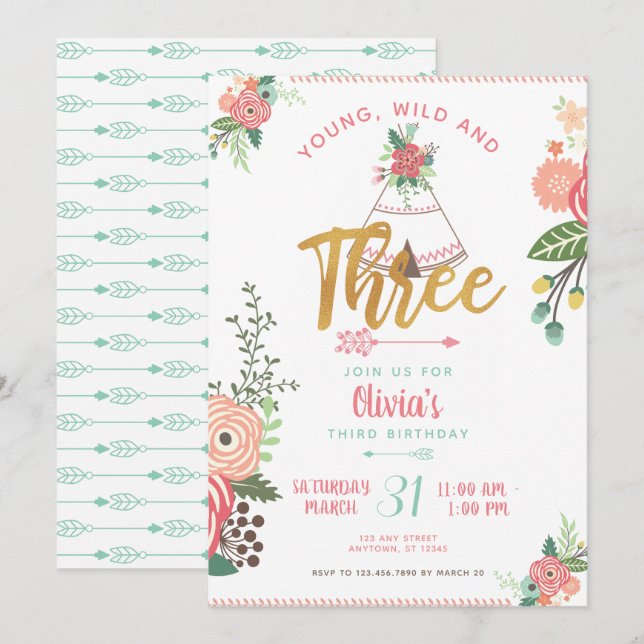 Fille Jeune Fille Trois Boho Tribal Invitation (Devant / Derrière)