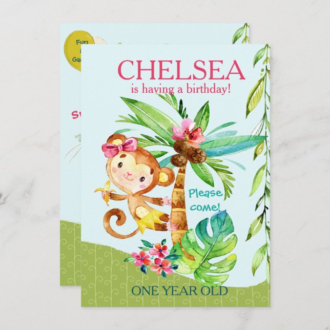 Fille Joyeux Singe Bleu Anniversaire Invitation (Devant / Derrière)