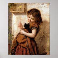 Fille, Kitty Chat et Poster vintage d'oiseaux Impr
