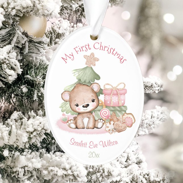 Fille mignonne Bébé premier ornement de Noël acryl (Girl Cute Baby's First Christmas Ornament Acrylic)