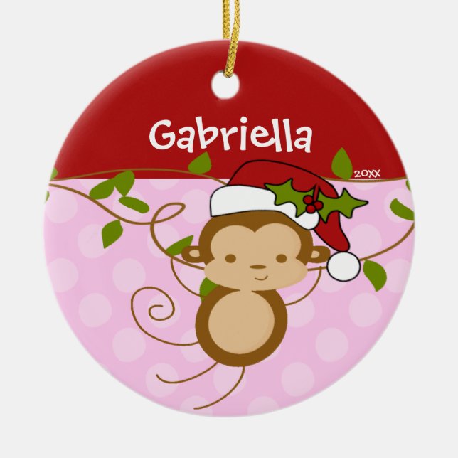 Fille mignonne ornement de Noël singe rose rouge (Devant)