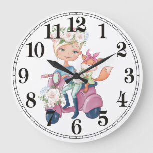 Fille mignonne sur Scooter avec Fox Wall Horloge