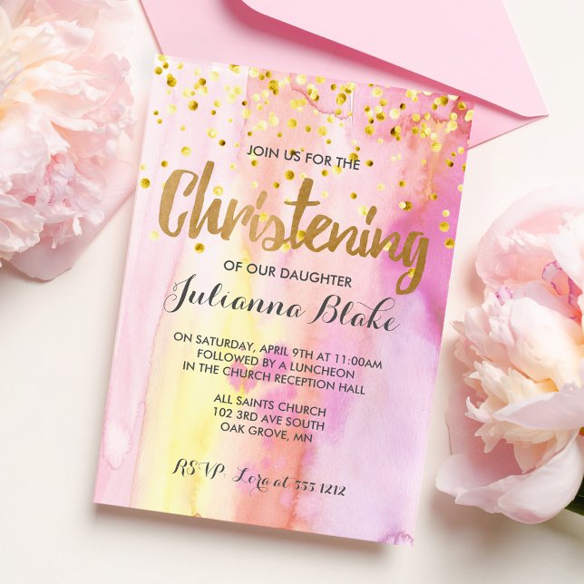 Fille moderne Christening Watercolor Invitation (Créateur téléchargé)