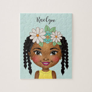 Fille noire avec fleurs Puzzle personnalisé