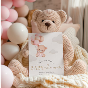Fille Ours avec ballons Baby shower Invitation