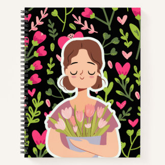 Fille paisible avec fleurs - Carnet floral mignon