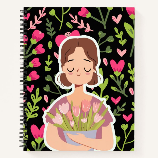 Fille paisible avec fleurs - Carnet floral mignon (Devant)