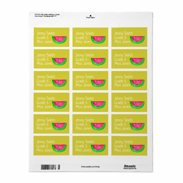 Fille pastèque nom école livre étiquettes (Feuille entière)