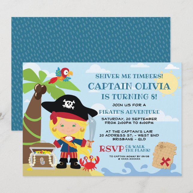 Fille Pirate Fête Invitations Anniversaire (Devant / Derrière)