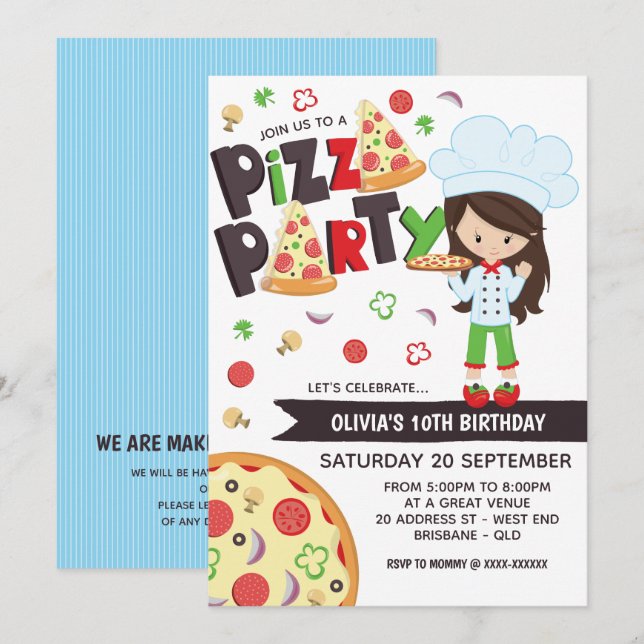 Fille Pizza Fête Invitation Anniversaire (Devant / Derrière)