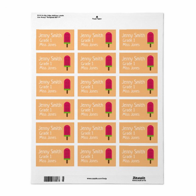 Fille Popsicle nom école livre étiquettes (Feuille entière)