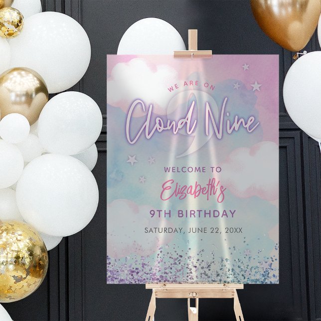 Fille rêveuse dans les nuages 9e anniversaire de b (Dreamy Girly On Cloud Nine 9th Birthday Welcome Acrylic Sign)