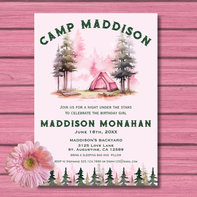 Fille Rose Camping Invitation Anniversaire (Créateur téléchargé)