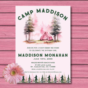 Fille Rose Camping Invitation Anniversaire