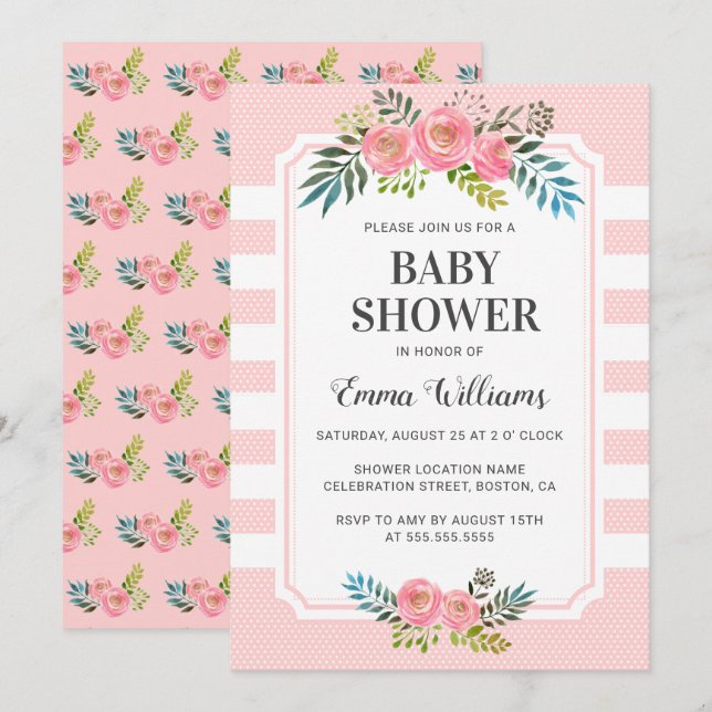 Fille rose Floral Baby Shower Invitations (Devant / Derrière)