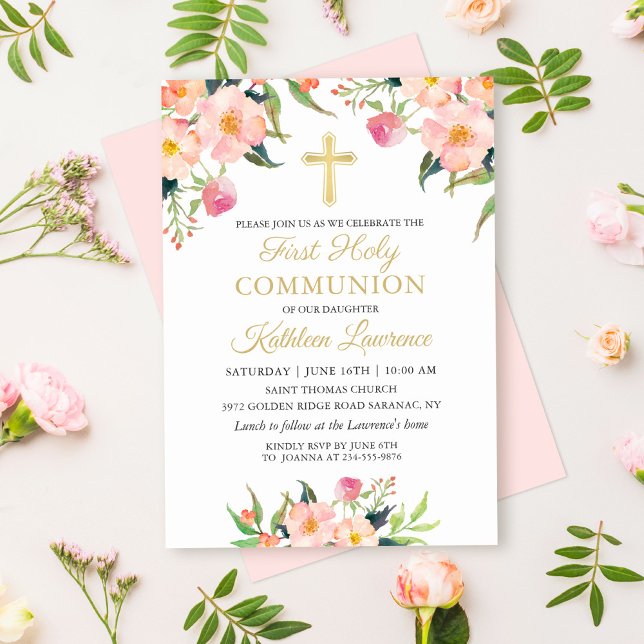 Fille rose Floral Première Communion Invitation (Créateur téléchargé)