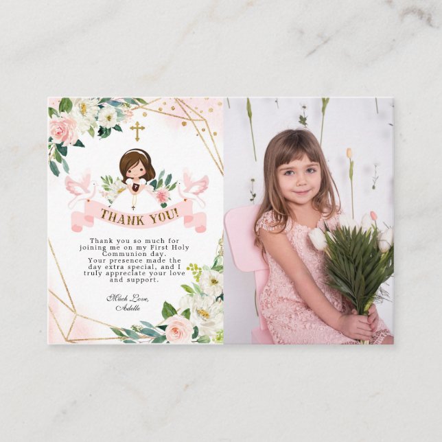 Fille rose Sainte Communion carte de remerciements (Devant)