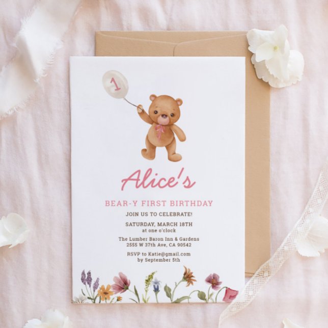 Fille rose Teddy Ours Première Invitation Annivers (Créateur téléchargé)