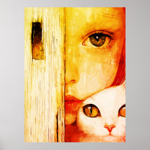 Fille surréaliste et chat - Art mural - Yeux verts