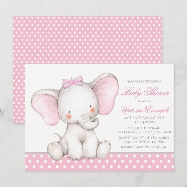 Fille Sweet Elephant Baby Shower Invitations (Devant / Derrière)